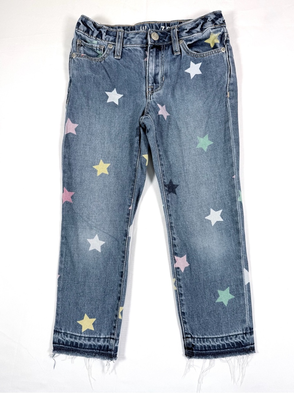 GAP Girls Girlfriend Jeans 7 Star Print Dark Wash Raw Hem Pastel Celestial Denim